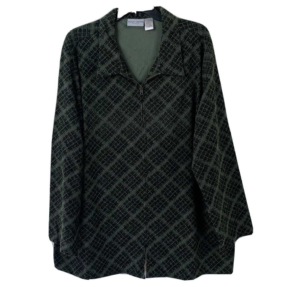 Jaclyn Smith Classic Plus Size 2X Zip Up Top Green Check Long Sleeve
